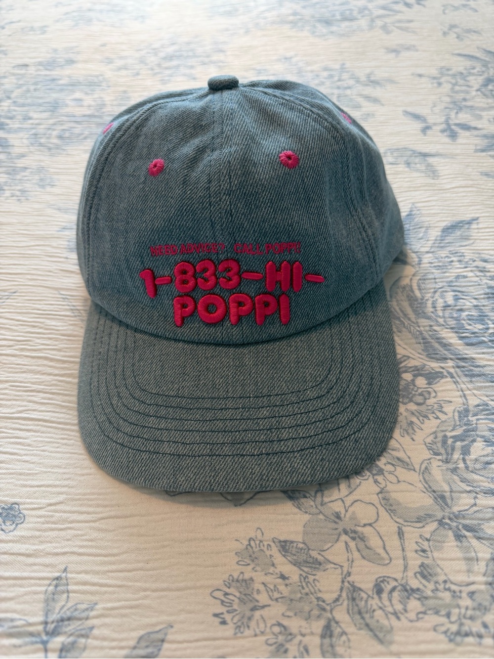 Poppi Brand Denim Preppy Baseball Cap with Pink Embroidered Logo